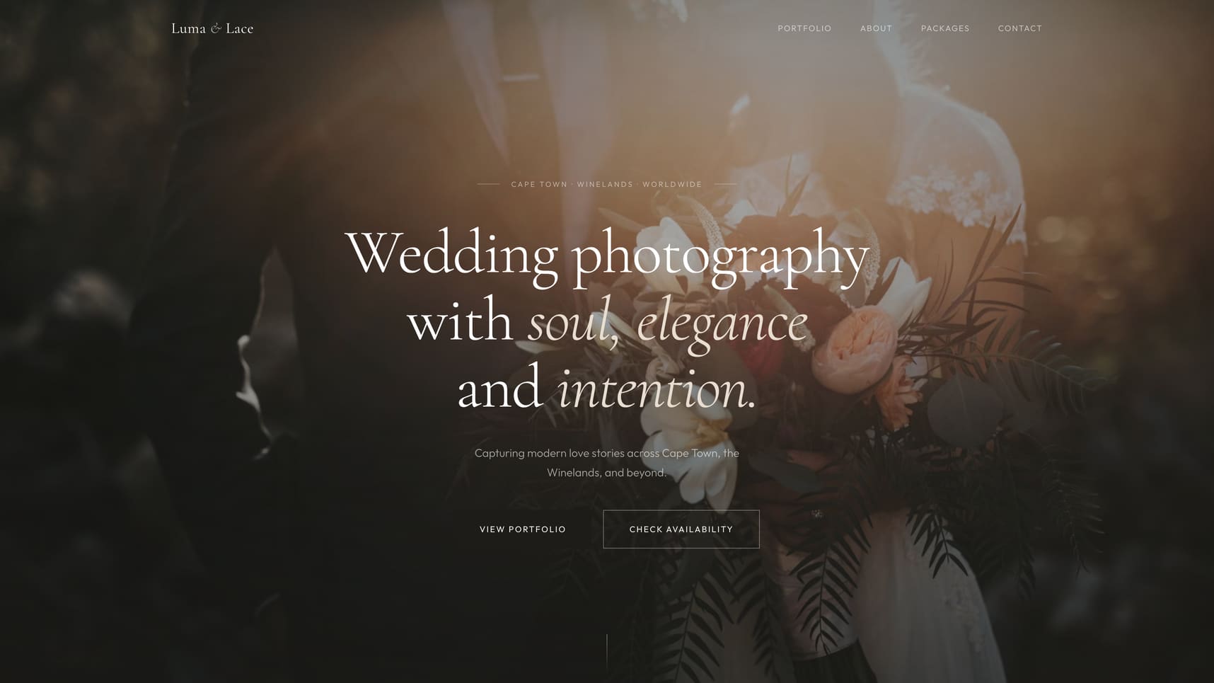 Luma & Lace — hero section with cinematic couple portrait and elegant serif typography