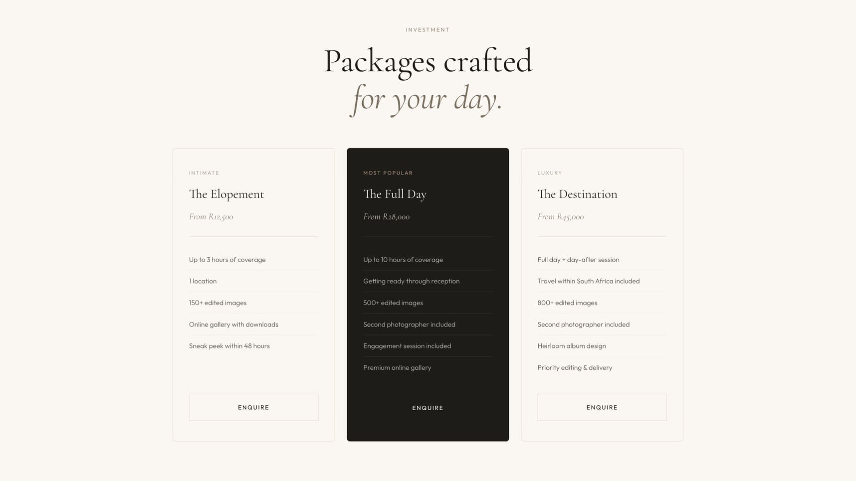 Luma & Lace — pricing packages with editorial layout