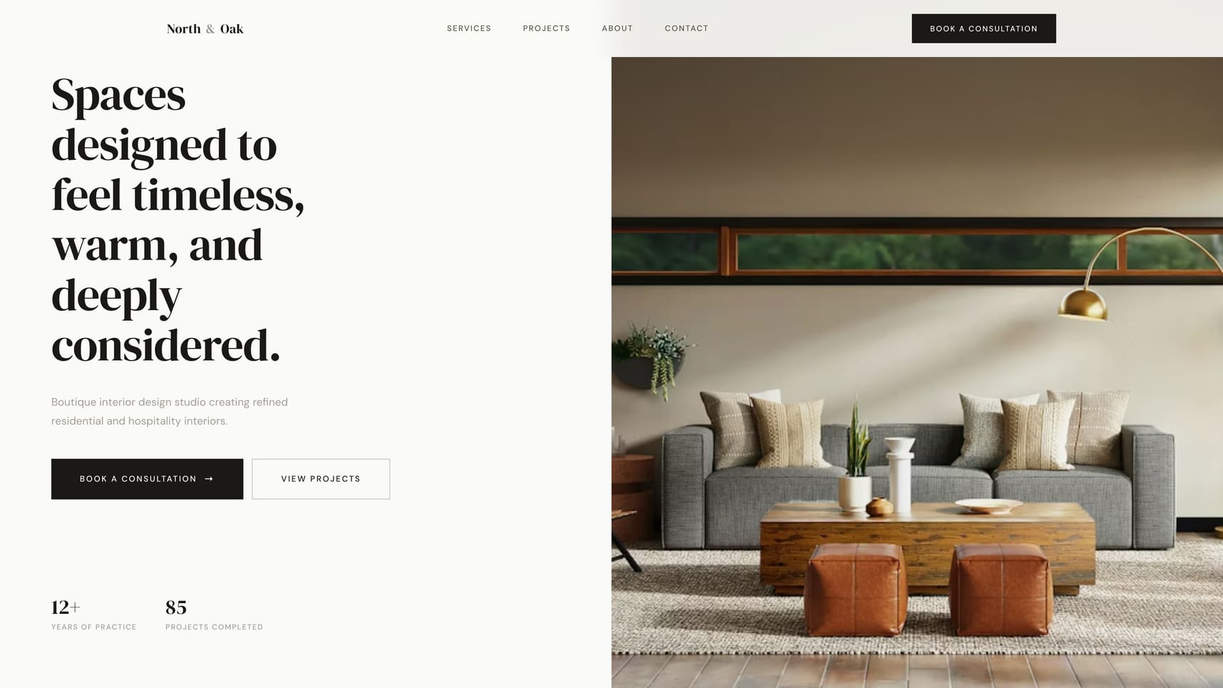 North & Oak — split-layout hero with interior photography and bold serif headline